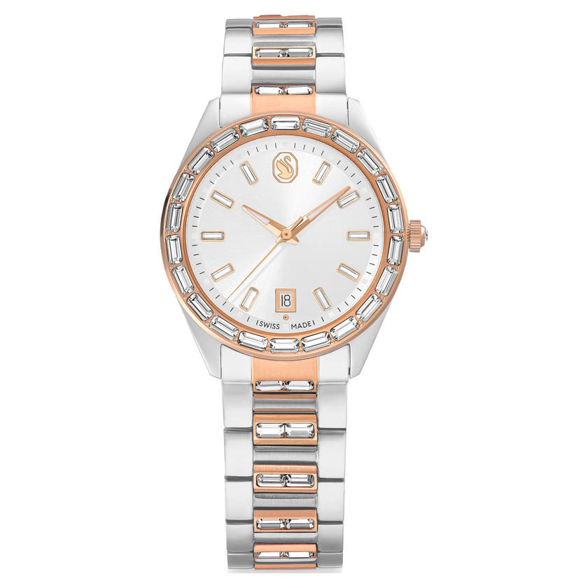 swarovski matrix date watch  swiss made  metal bracelet  rose gold tone  mixed metal finish