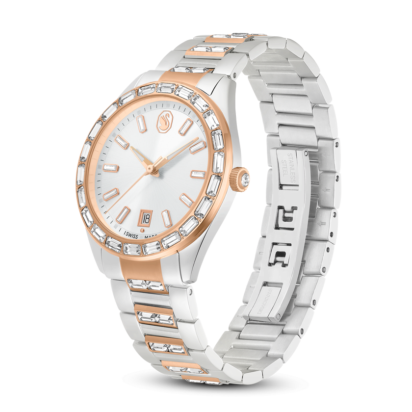 swarovski matrix date watch  swiss made  metal bracelet  rose gold tone  mixed metal finish