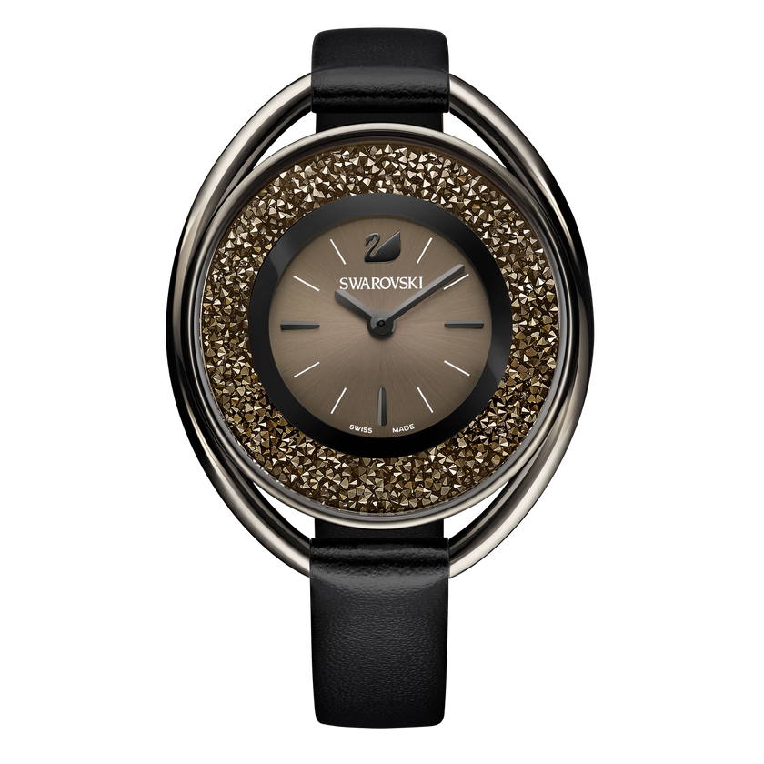 Crystalline Oval Watch, Leather strap, Black, Black PVD
