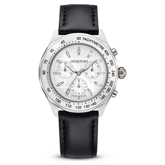 swarovski dextera tachymetre watch swiss made leather strap silver tone stainless steel