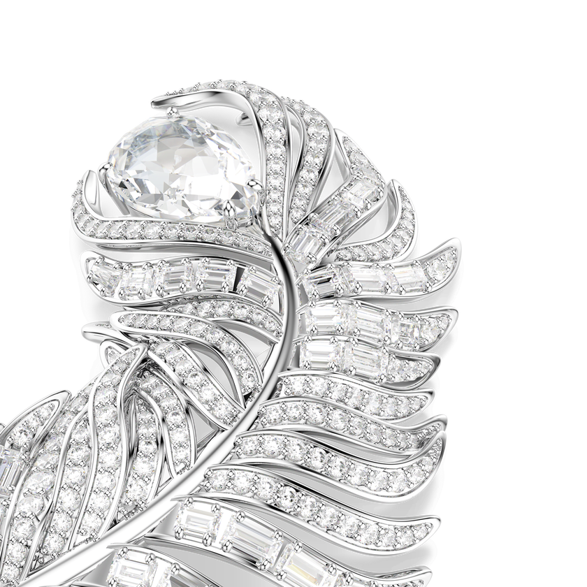 swarovski vienna brooch  mixed cuts  feather  white  rhodium plated