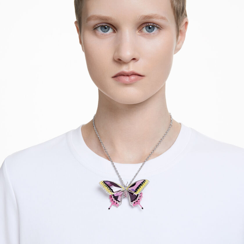 Idyllia pendant and brooch, Butterfly, Multicolored, Rhodium plated