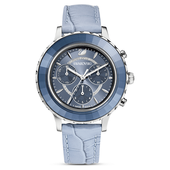 swarovski octea lux chrono watch swiss made leather strap blue stainless steel