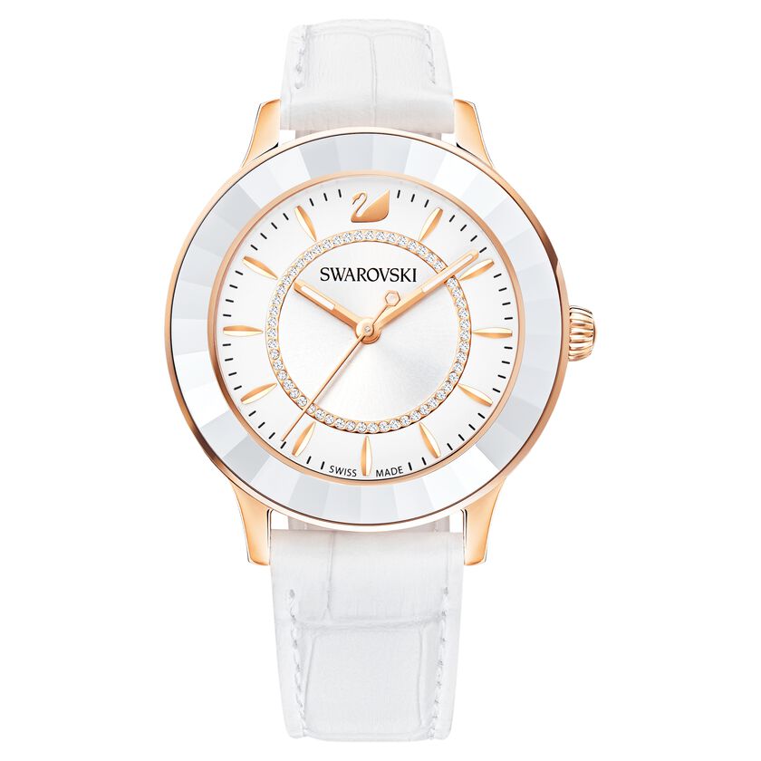 Octea Lux Watch, Leather strap, White, Rose-gold tone PVD