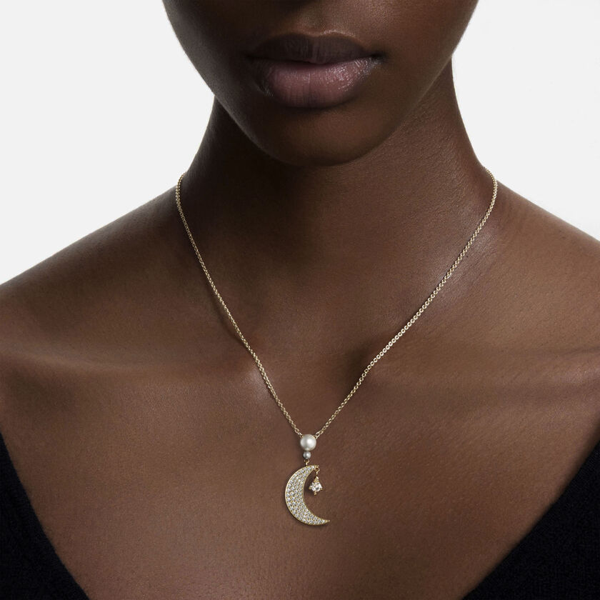 swarovski symbolica pendant  round cut  moon  white  18k gold finish