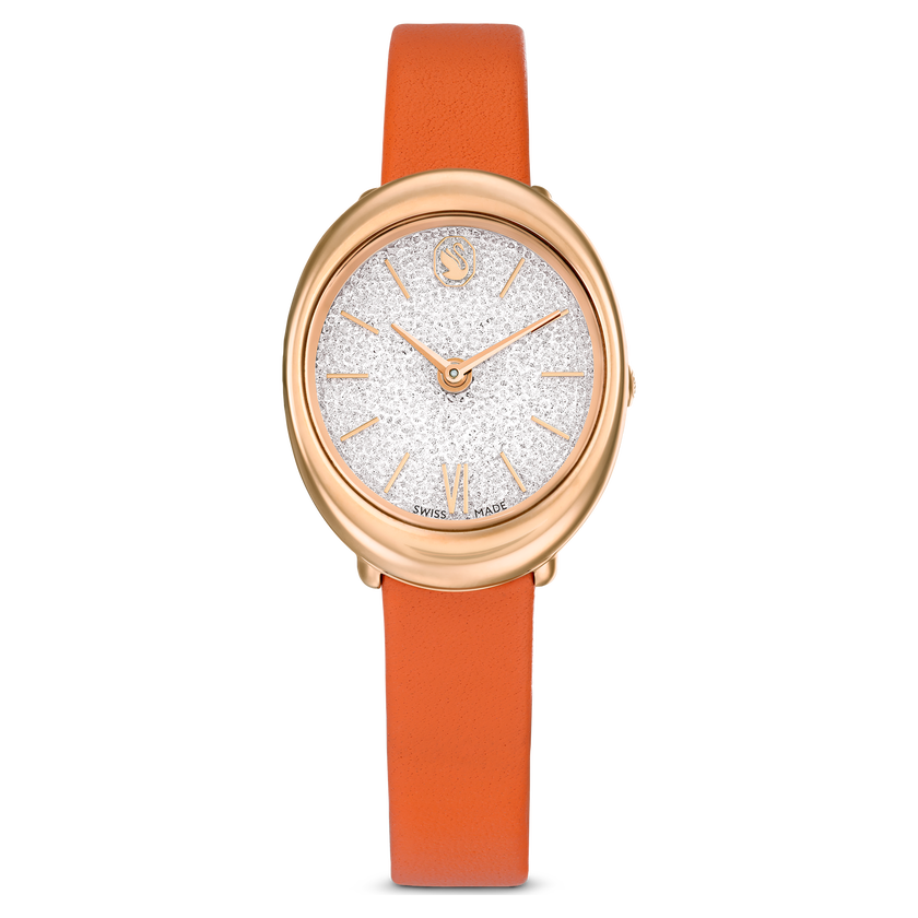 swarovski imber oval watch  swiss made  leather strap  orange  rose gold tone finish