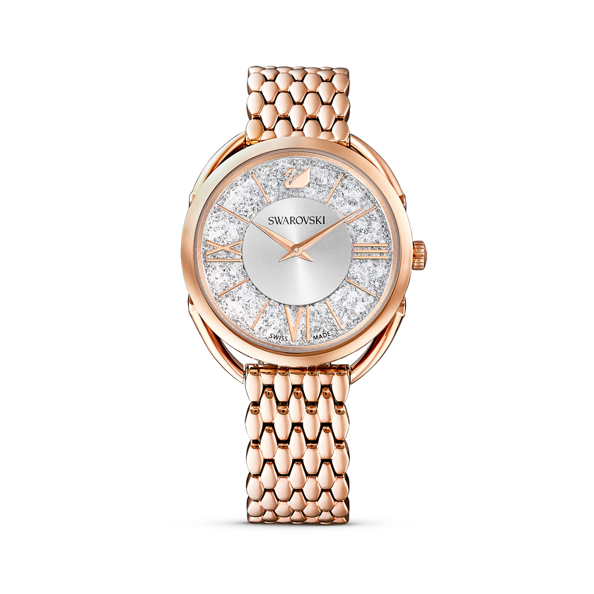 Crystalline Glam Watch, Metal Bracelet, White, Rose gold tone
