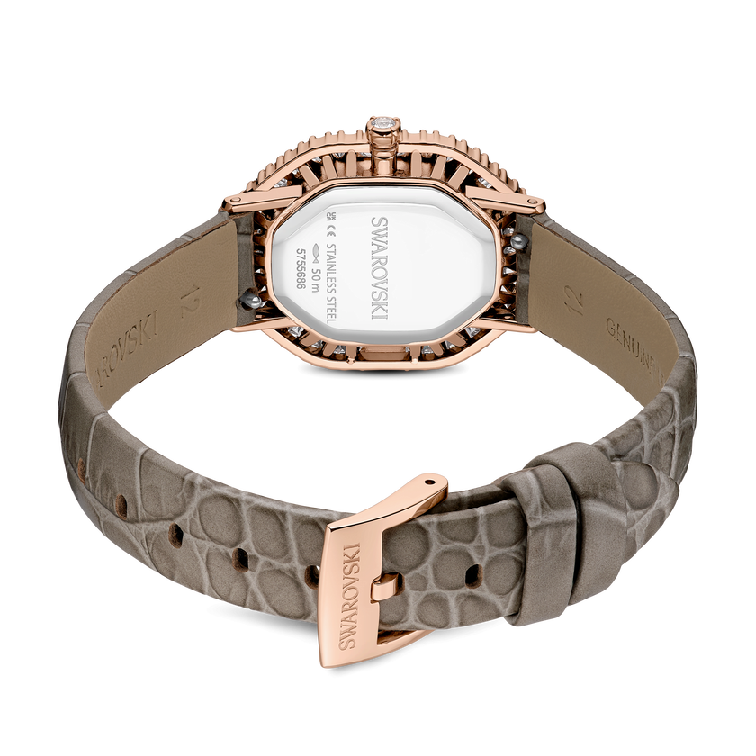swarovski matrix octagon watch  leather strap  beige  rose gold tone finish