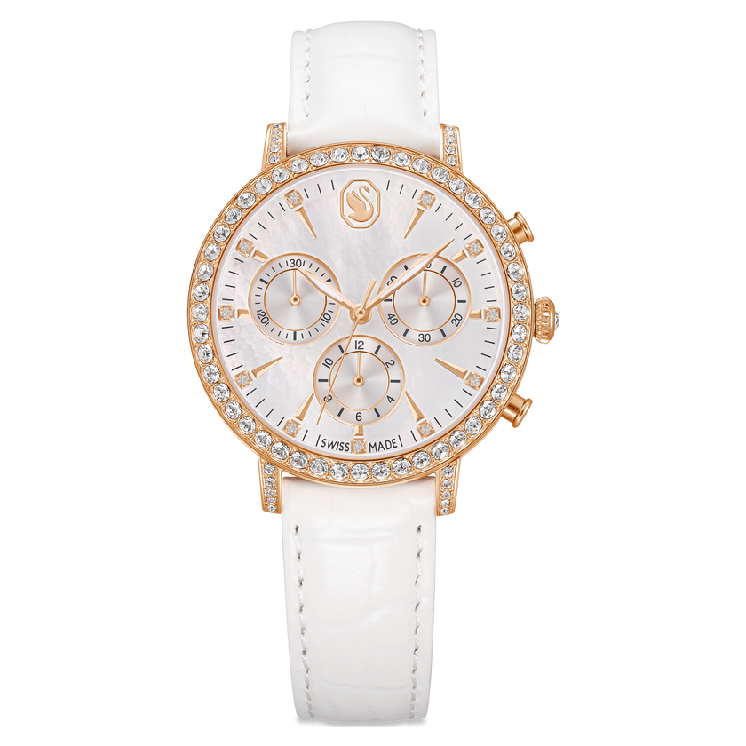 swarovski matrix tennis chrono watch  swiss made  leather strap  white  rose gold tone finish