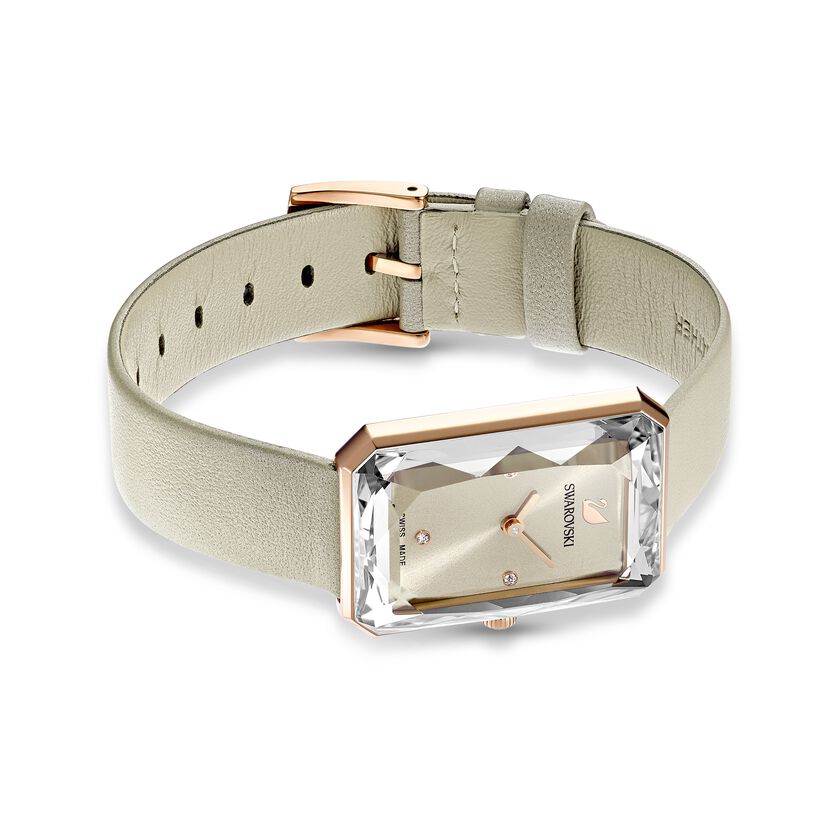 Uptown Watch, Leather strap, Grey, Rose-gold tone PVD