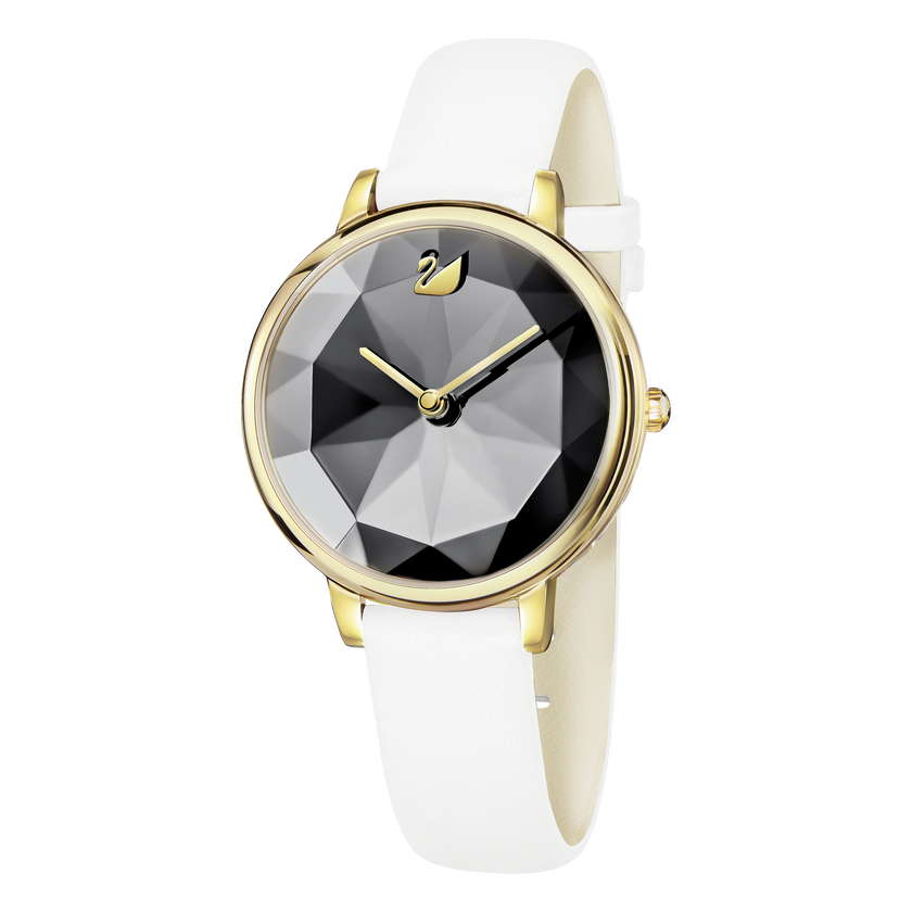 Crystal Lake Watch, Leather Strap, White, Gold Tone