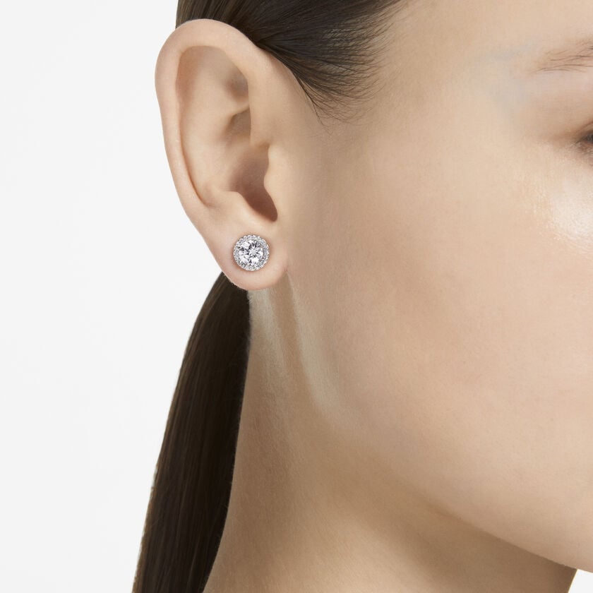Constella stud earrings, Round cut, Pavé, White, Rhodium plated