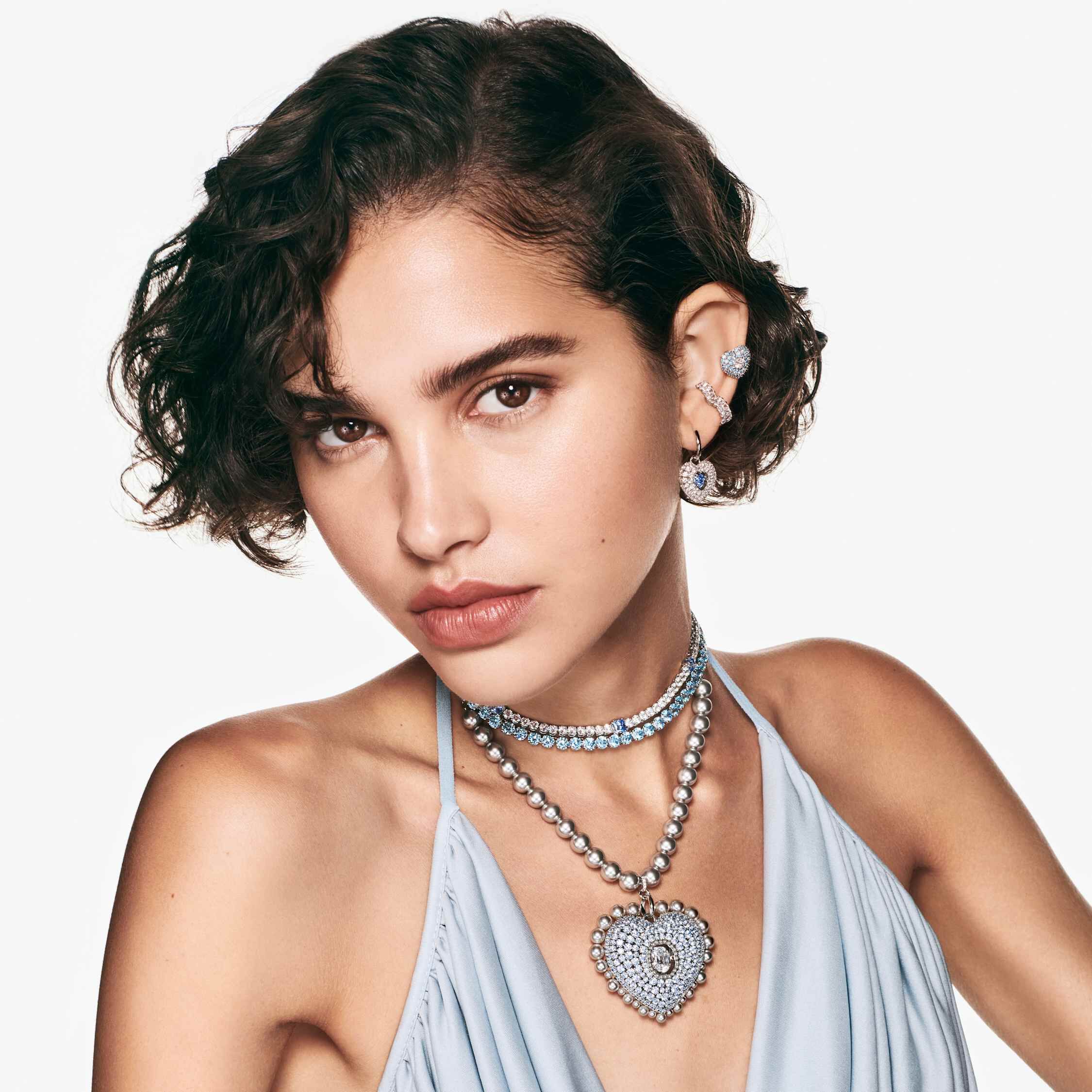 swarovski idyllia drop earrings  heart  blue  rhodium plated