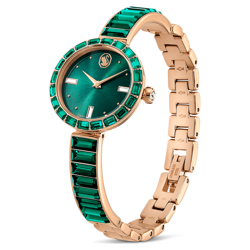 swarovski matrix bangle watch  swiss made  crystal bracelet  green  champagne gold tone finish