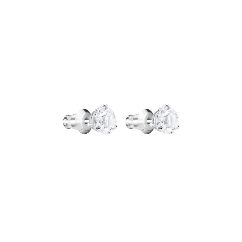 Solitaire Pierced Earrings, White, Rhodium Plated