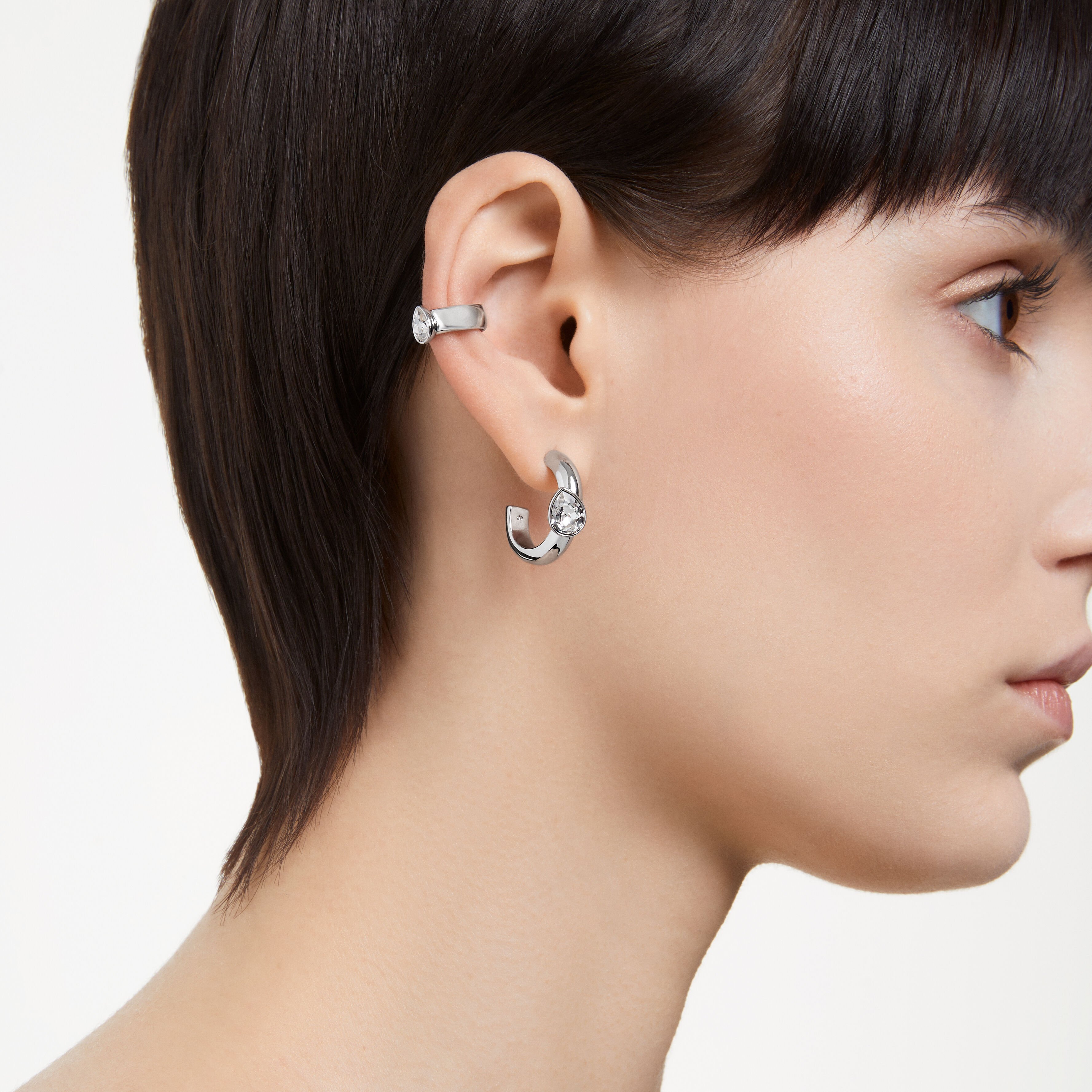 Buy Swarovski Dextera hoop earrings with ear cuff Set 3 Pear cut White Rhodium plated