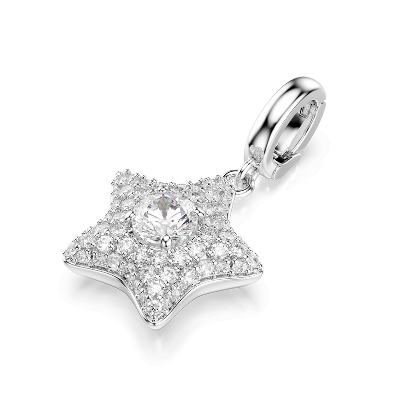 swarovski sublima charm  round cut  star  white  rhodium plated