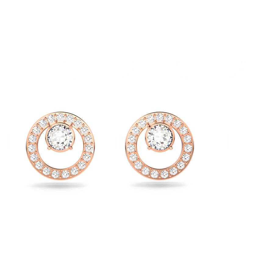 Creativity Circle Pierced Earrings, Small, White, Rose Gold Plated