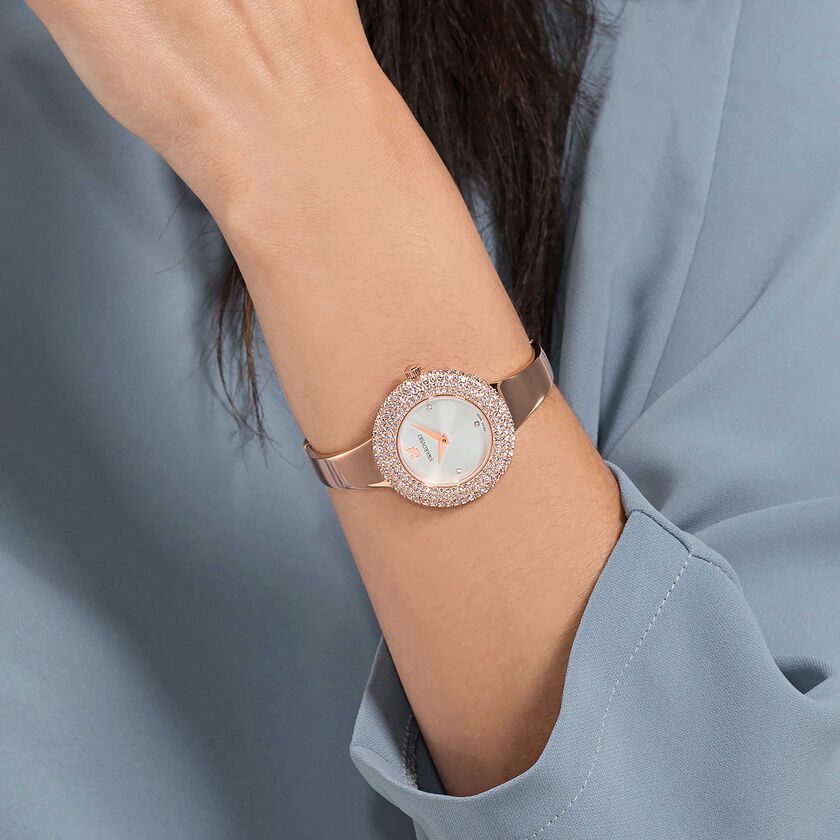 Crystal Rose Watch, Metal Bracelet, White, Rose-gold tone PVD ...