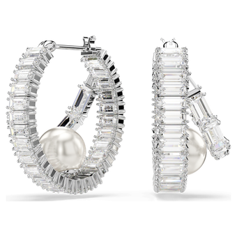 ariana grande x swarovski hoop earrings  crystal pearl  baguette cut  white  rhodium plated