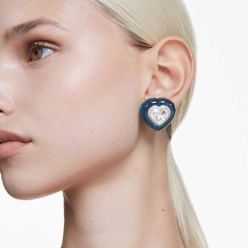 swarovski dulcis clip earrings  heart cut  pav   heart  blue  rhodium plated