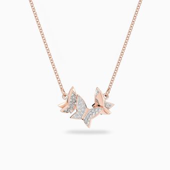 Lilia necklace, Butterfly, White, Rose-gold tone plated