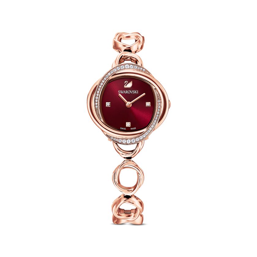 Crystal Flower Watch, Metal bracelet, Red, Rose-gold tone PVD
