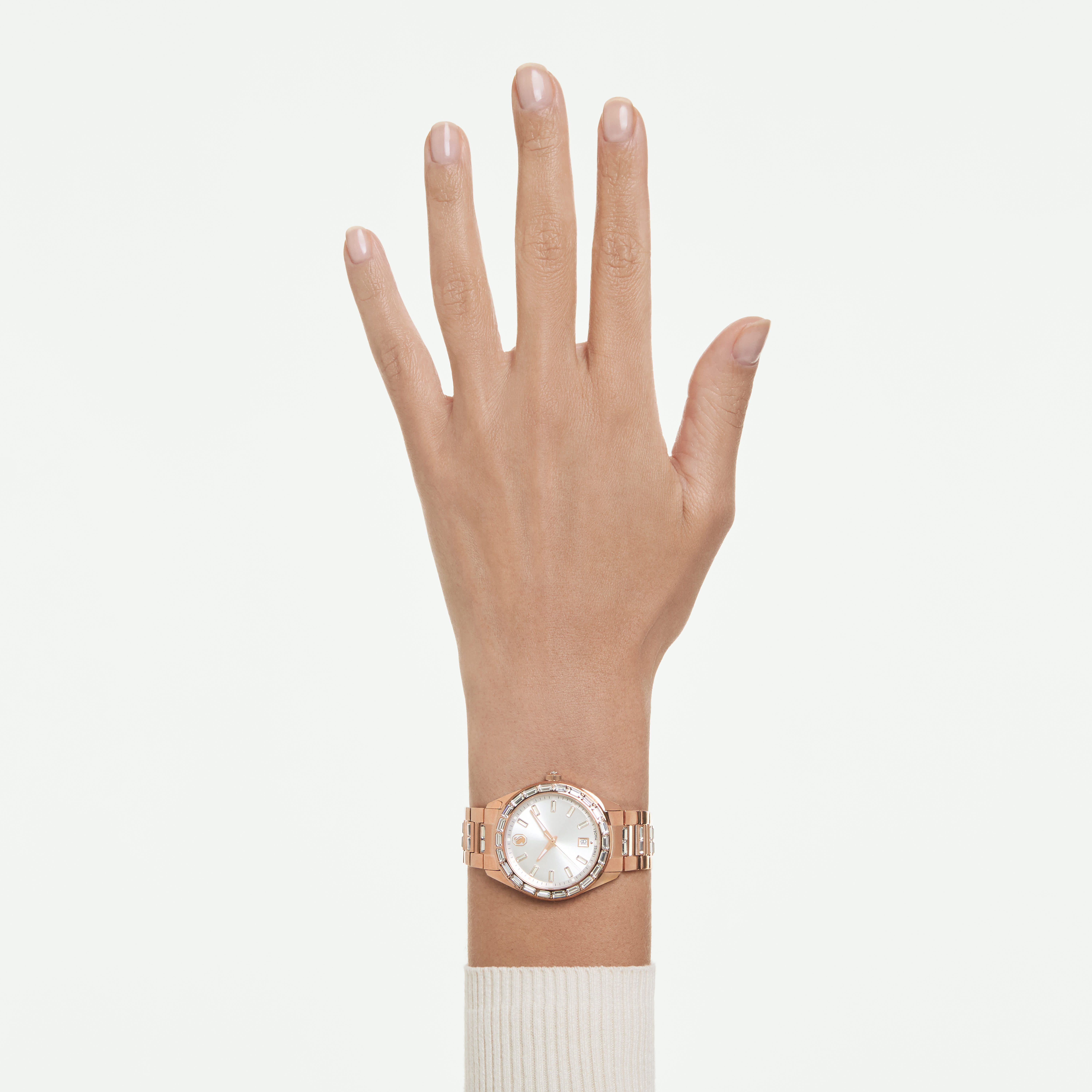 swarovski matrix date watch  swiss made  metal bracelet  rose gold tone  rose gold tone finish