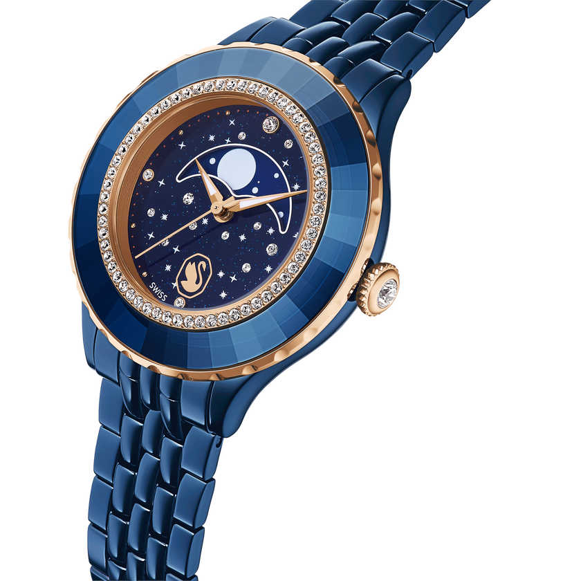 swarovski octea moon watch  swiss made  metal bracelet  blue  blue finish