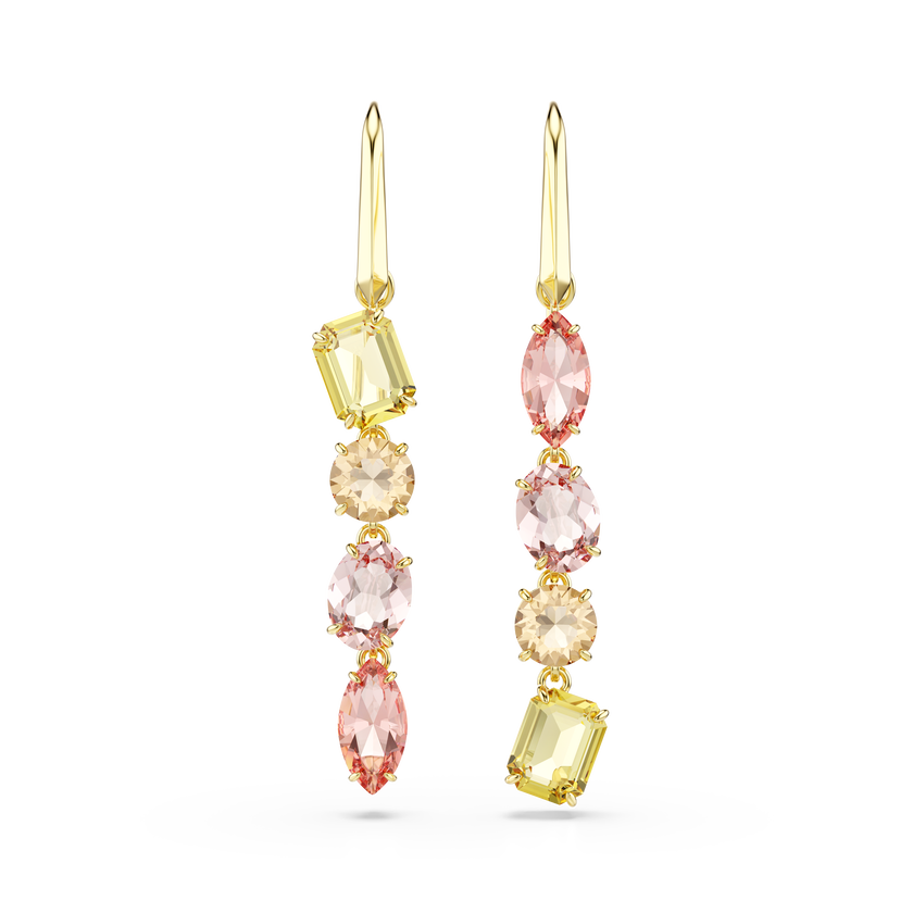 swarovski gema drop earrings  asymmetrical design  mixed cuts  pink  gold tone plated