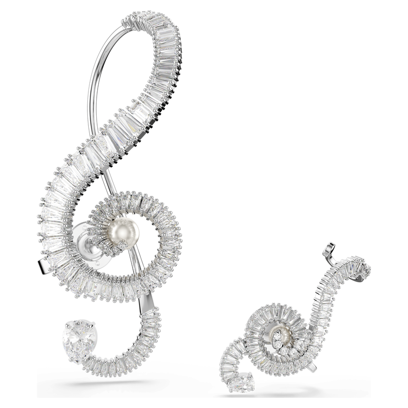ariana grande x swarovski clip earrings  asymmetrical design  crystal pearl  baguette cut  white  rhodium plated