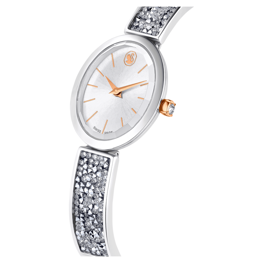 swarovski crystal rock oval watch  swiss made  metal bracelet  white  stainless steel
