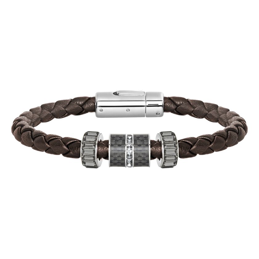 Diagonal Bracelet, Leather, Brown, Stainless steel