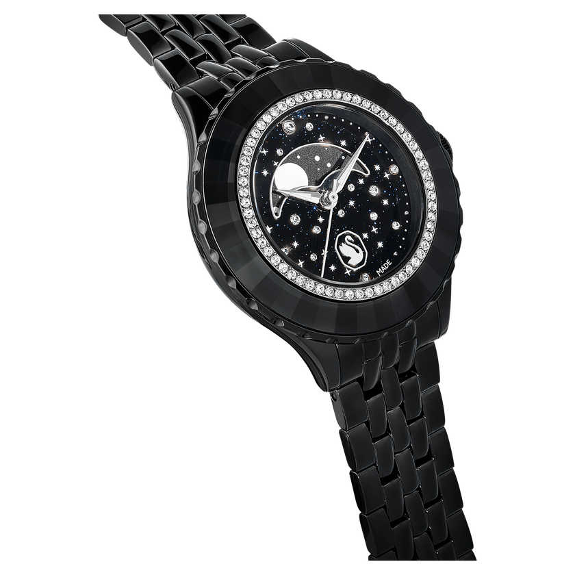 swarovski octea moon watch  swiss made  moon  metal bracelet  black  black finish