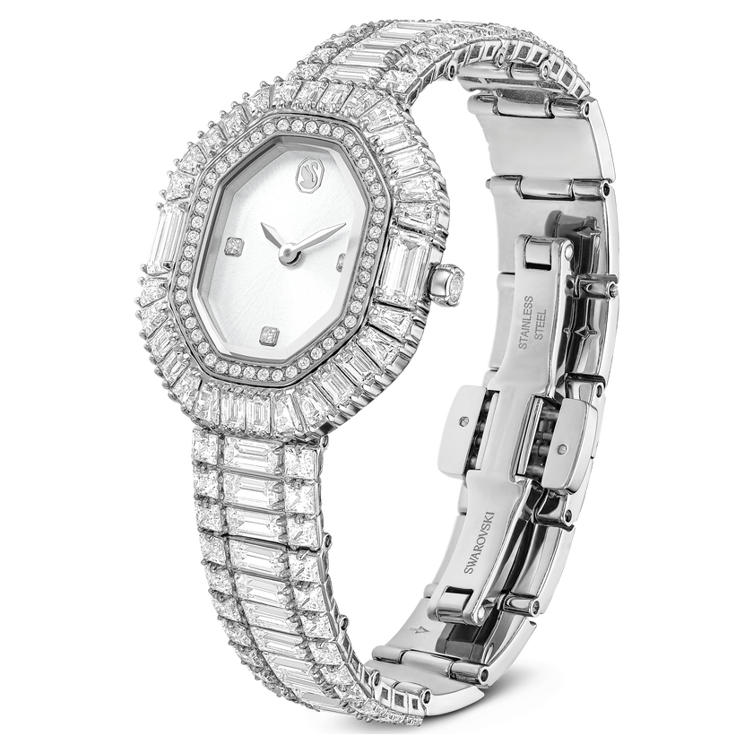 swarovski matrix octagon watch  baguette cut  metal bracelet  silver tone  stainless steel