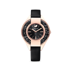 Crystalline Sporty Watch, Leather strap, Black, Rose-gold tone PVD
