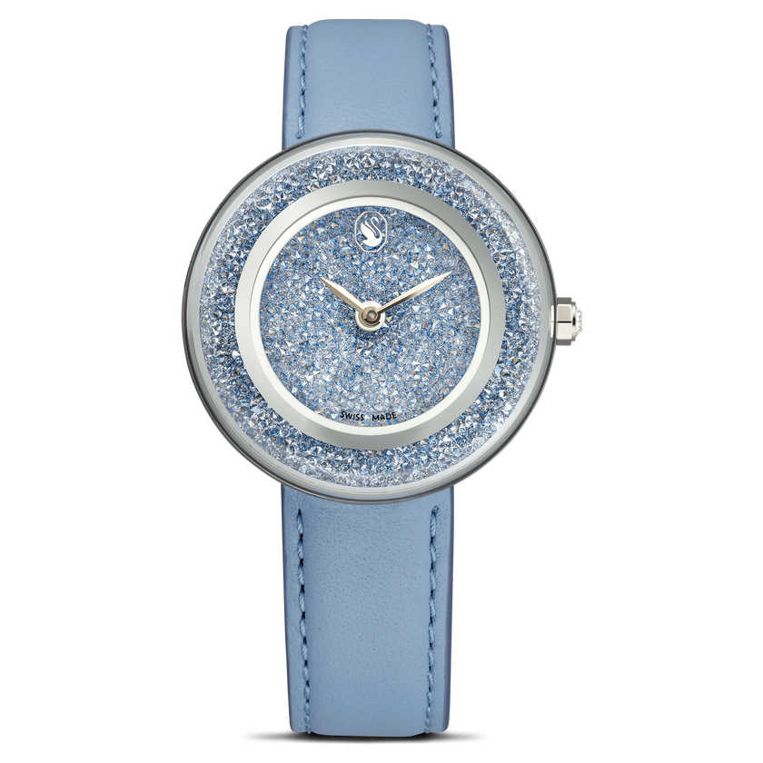 swarovski crystalline lustre watch  swiss made  leather strap  blue  stainless steel