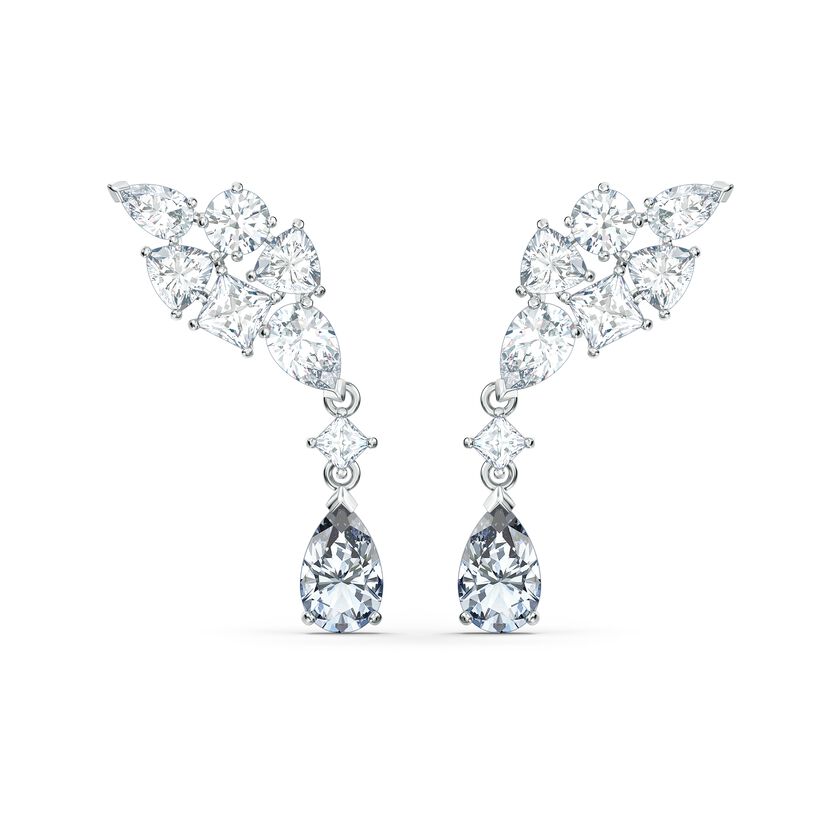 Tennis Deluxe Cluster Mixed Pierced Earrings, White, Rhodium plated