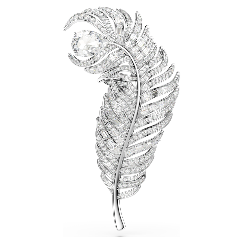swarovski vienna brooch  mixed cuts  feather  white  rhodium plated