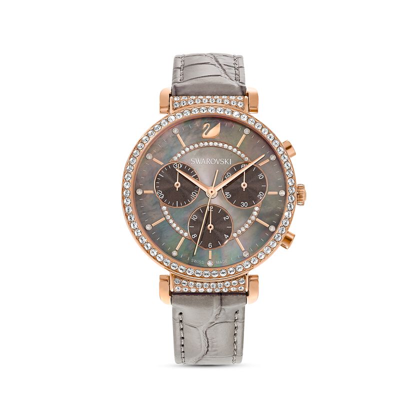 Passage Chrono Watch, Leather strap, Gray, Rose-gold tone PVD