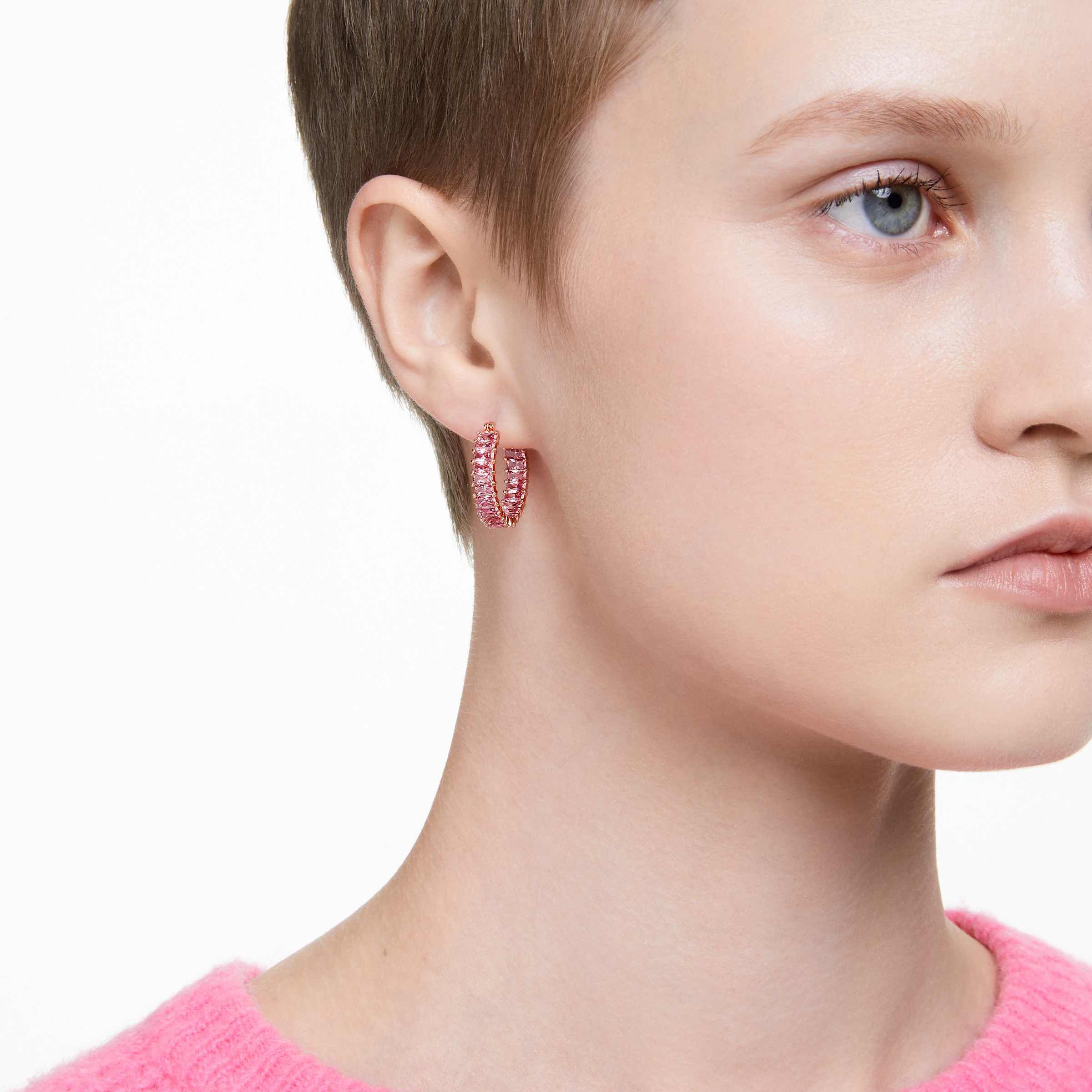 Buy Swarovski Matrix hoop earrings Baguette cut Pink Rose gold tone plated