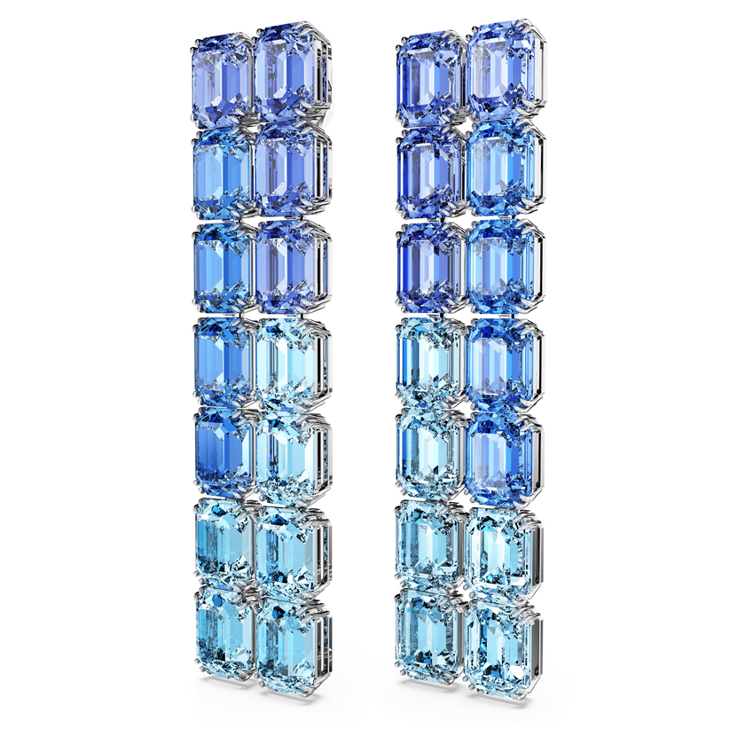 swarovski millenia clip earrings  octagon cut  color gradient  long  blue  rhodium plated