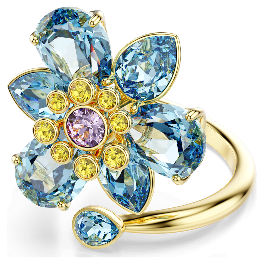 swarovski idyllia open ring  mixed cuts  flower  blue  gold tone plated