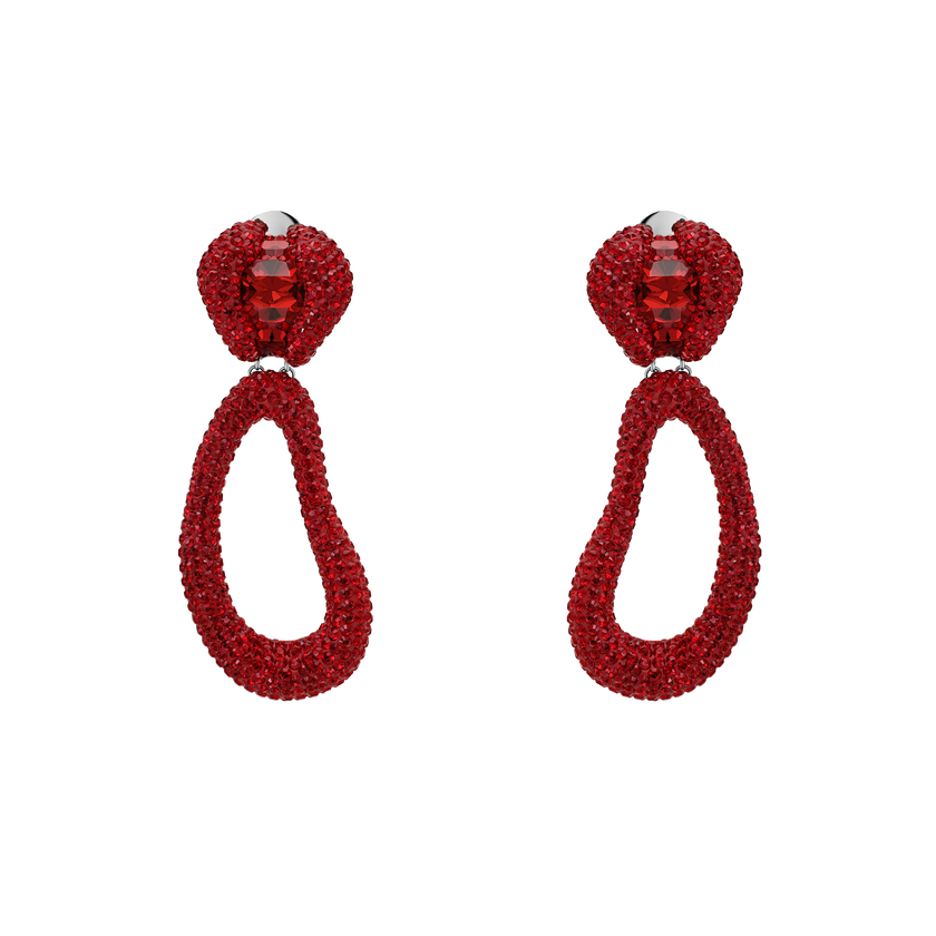 Tigris Drop Clip Earrings, Red, Palladium plated