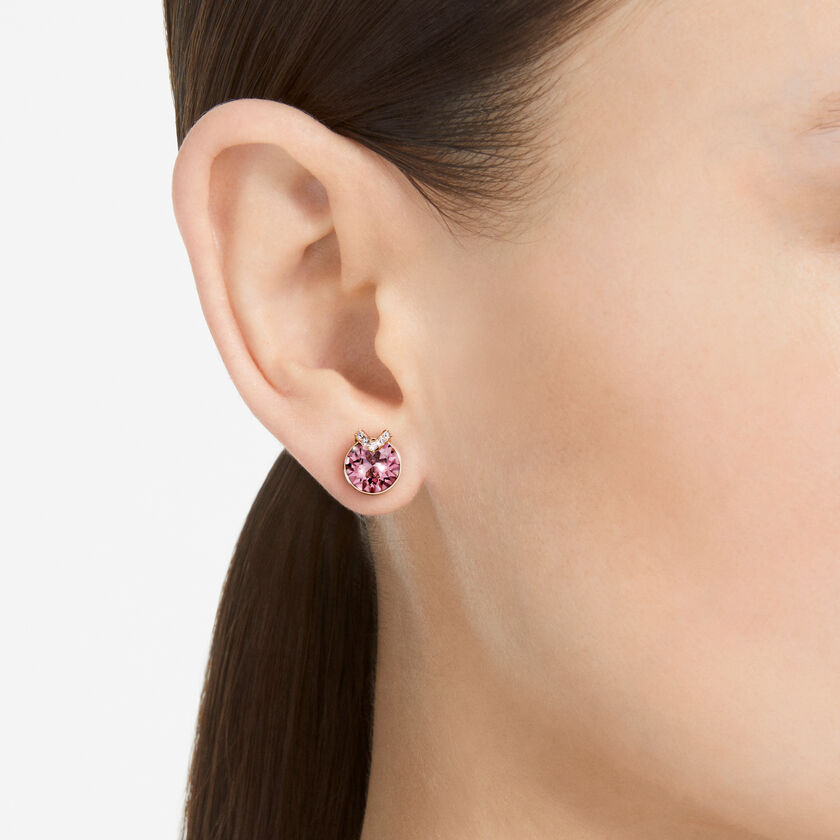 swarovski bella v stud earrings  round cut  pav   pink  18k rose gold finish