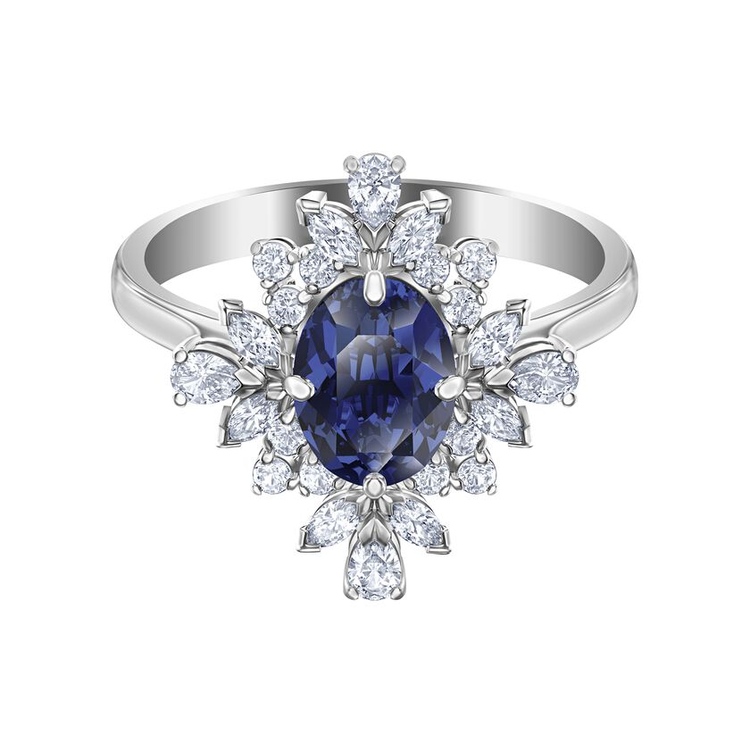 Palace Motif Ring, Blue, Rhodium plated