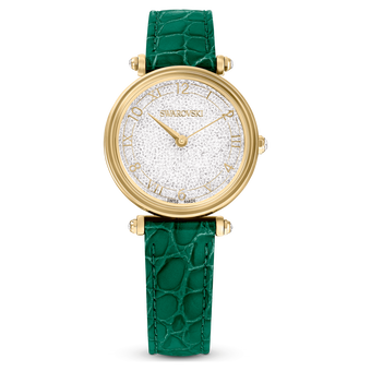 swarovski crystalline wonder watch  swiss made  leather strap  green  gold tone finish