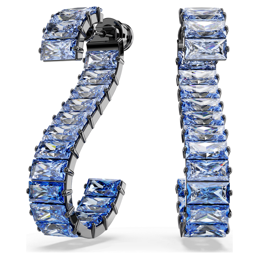 swarovski matrix drop earrings  baguette cut  blue  ruthenium plated