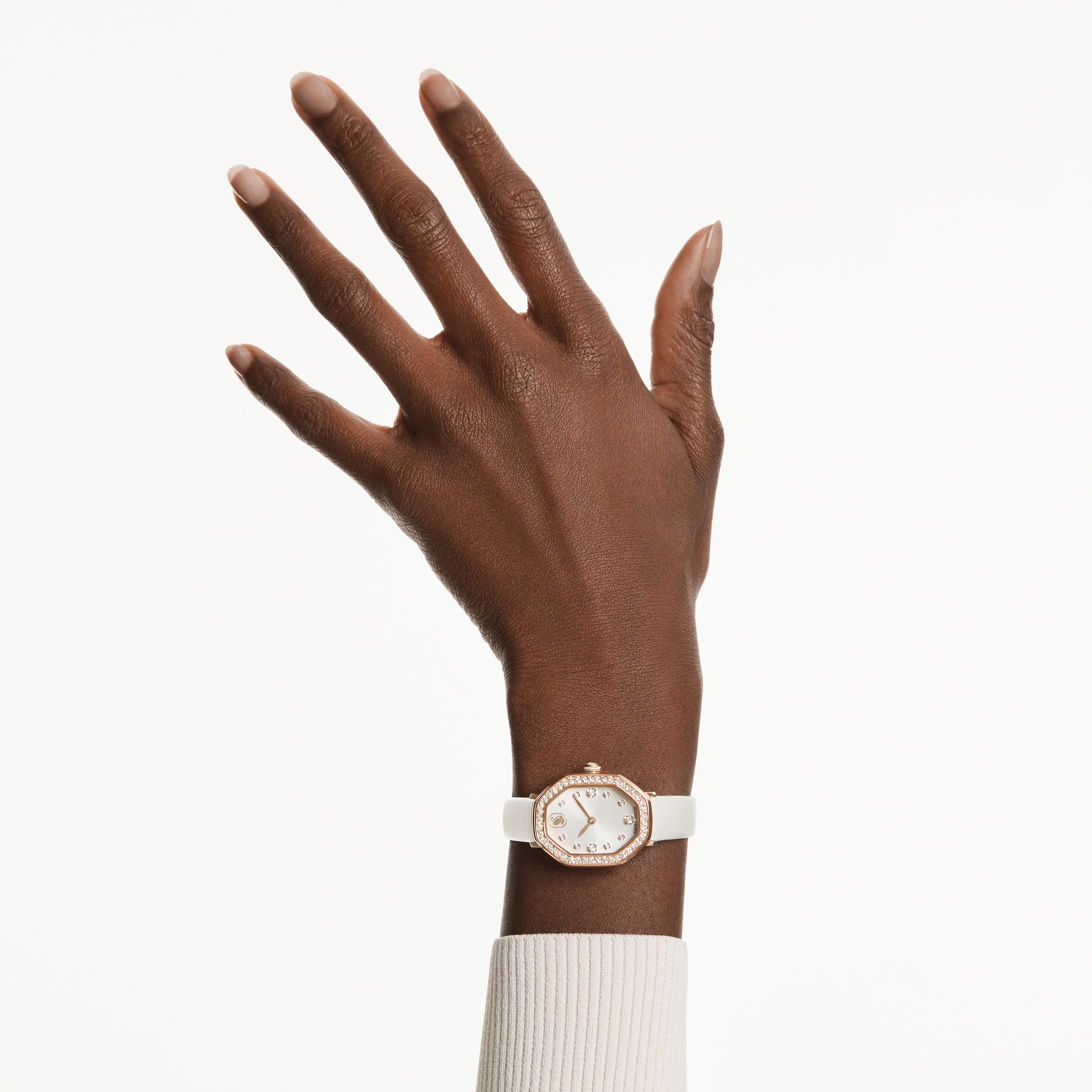 swarovski dextera octagon watch  swiss made  leather strap  white  rose gold tone finish