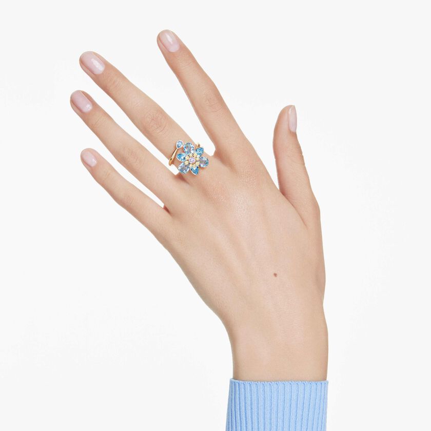swarovski idyllia open ring  mixed cuts  flower  blue  gold tone plated